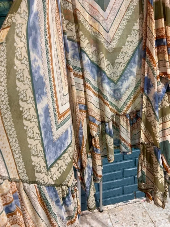 Three Bird Nest Olive Multi Chevron Kimono Cardigan semi sheer ruffled NWT s/m - Picture 7 of 10